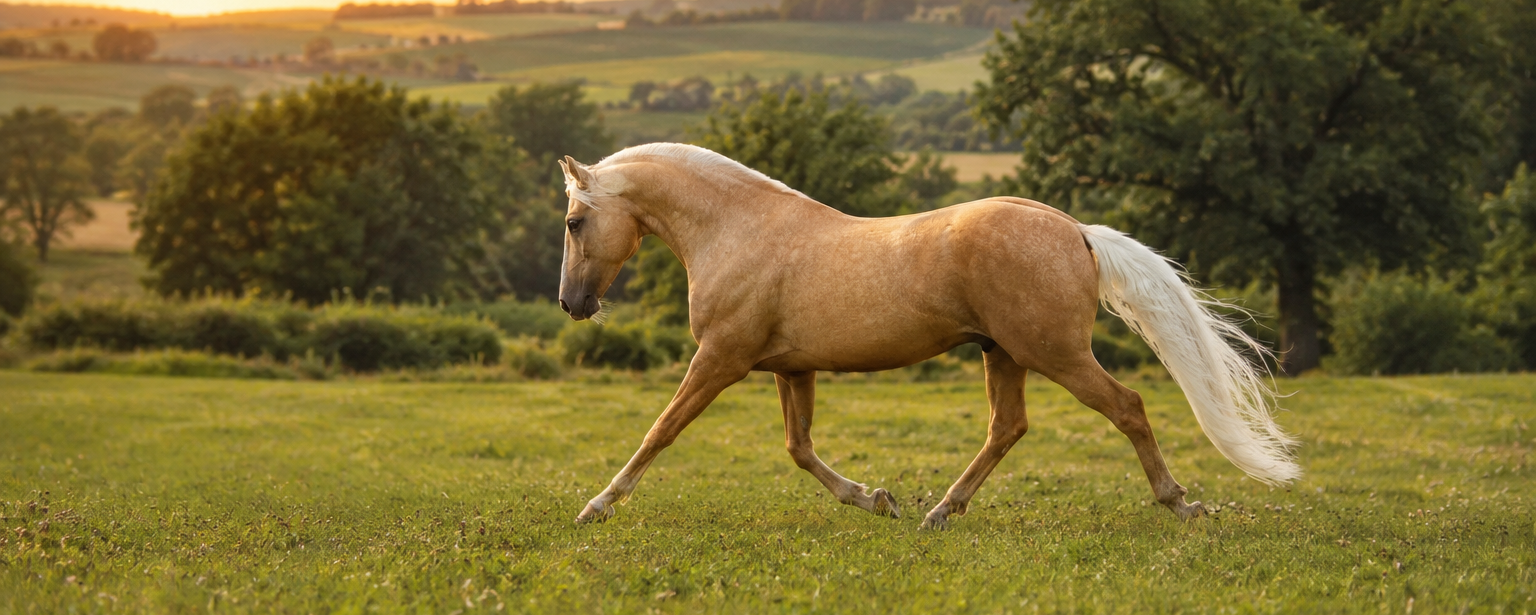 Horses grazing in a golden sunset pasture